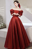 solvbao Burgundy Satin Long Prom Dresses, A-Line Short Sleeve Evening Dresses