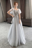 solvbao Gray Tulle Sequins Long Prom Dresses, A-Line Evening Dresses