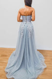 solvbao Blue Lace and Tulle Long Prom Dresses, A-Line Strapless Evening Dresses