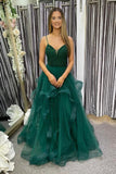 solvbao A-Line Tulle Beaded Long Dresses, Spaghetti Strap Evening Dresses