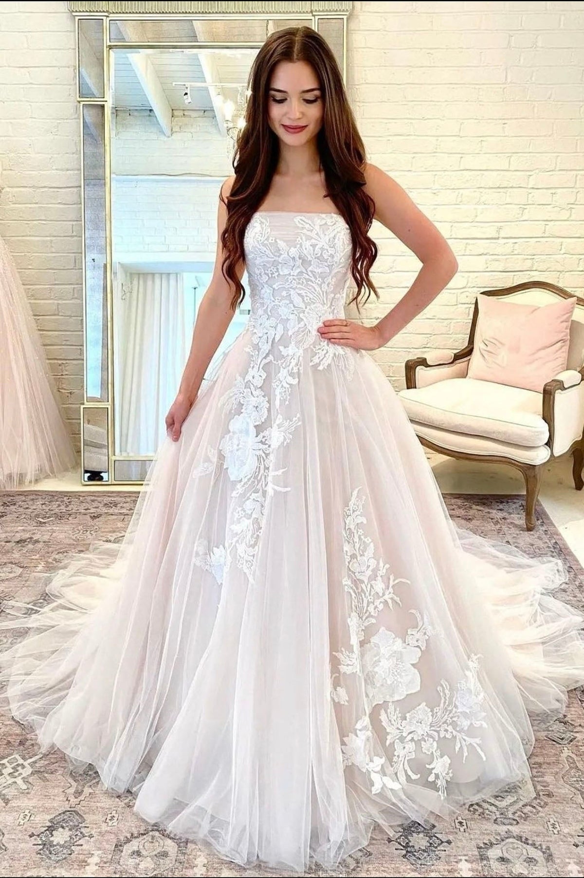 solvbao A-Line Strapless Lace Long Ball Gown, Elegant Formal Evening Dress