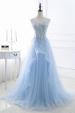 solvbao Blue Strapless Tulle Lace Long A-Line Prom Dress, Blue Evening Dress