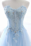 solvbao Blue Strapless Tulle Lace Long A-Line Prom Dress, Blue Evening Dress