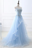 solvbao Blue Strapless Tulle Lace Long A-Line Prom Dress, Blue Evening Dress