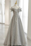 solvbao Grey Tulle Sequins Long A-Line Prom Dresses, Off the Shoulder Evening Dresses