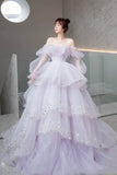 solvbao Purple Long Sleeve Tulle Formal Dress, Purple Sweet 16 Dress