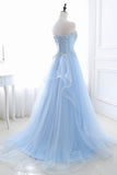 solvbao Blue Strapless Tulle Lace Long A-Line Prom Dress, Blue Evening Dress