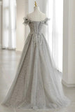 solvbao Grey Tulle Sequins Long A-Line Prom Dresses, Off the Shoulder Evening Dresses