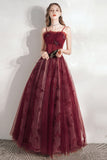 solvbao Burgundy A-Line Tulle Long Prom Dress, Burgundy Evening Party Dress