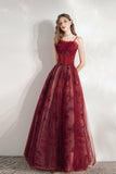 solvbao Burgundy A-Line Tulle Long Prom Dress, Burgundy Evening Party Dress