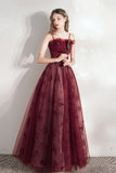 solvbao Burgundy A-Line Tulle Long Prom Dress, Burgundy Evening Party Dress