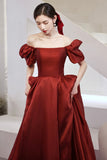 solvbao Burgundy Satin Long Prom Dresses, A-Line Short Sleeve Evening Dresses