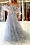 solvbao Gray Spaghetti Strap Long Prom Dresses, A-Line Evening Dress