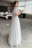 solvbao Gray Tulle Lace Long Prom Dresses, A-Line Evening Dresses