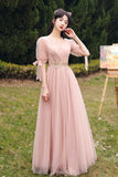 solvbao Pink Lace Long Prom Dresses, Lovely A-Line Evening Dresses