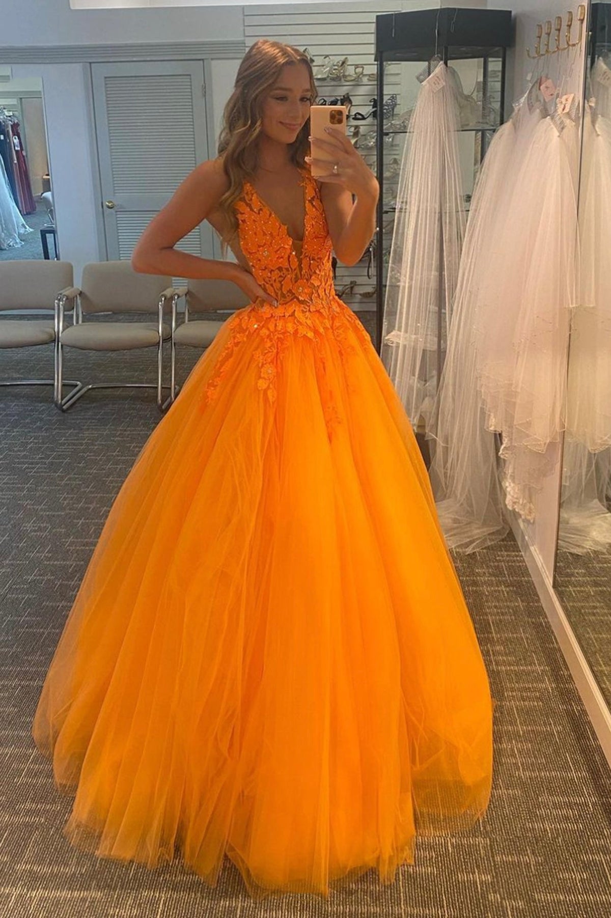 solvbao Orange V-Neck Lace Long Prom Dresses, A-Line Evening Dresses