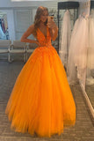 solvbao Orange V-Neck Lace Long Prom Dresses, A-Line Evening Dresses