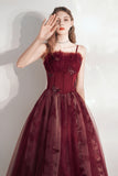 solvbao Burgundy A-Line Tulle Long Prom Dress, Burgundy Evening Party Dress