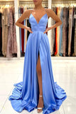 solvbao Simple V-Neck Satin Long Prom Dress, A-Line Evening Dress with Slit