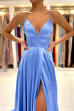 solvbao Simple V-Neck Satin Long Prom Dress, A-Line Evening Dress with Slit