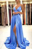 solvbao Simple V-Neck Satin Long Prom Dress, A-Line Evening Dress with Slit