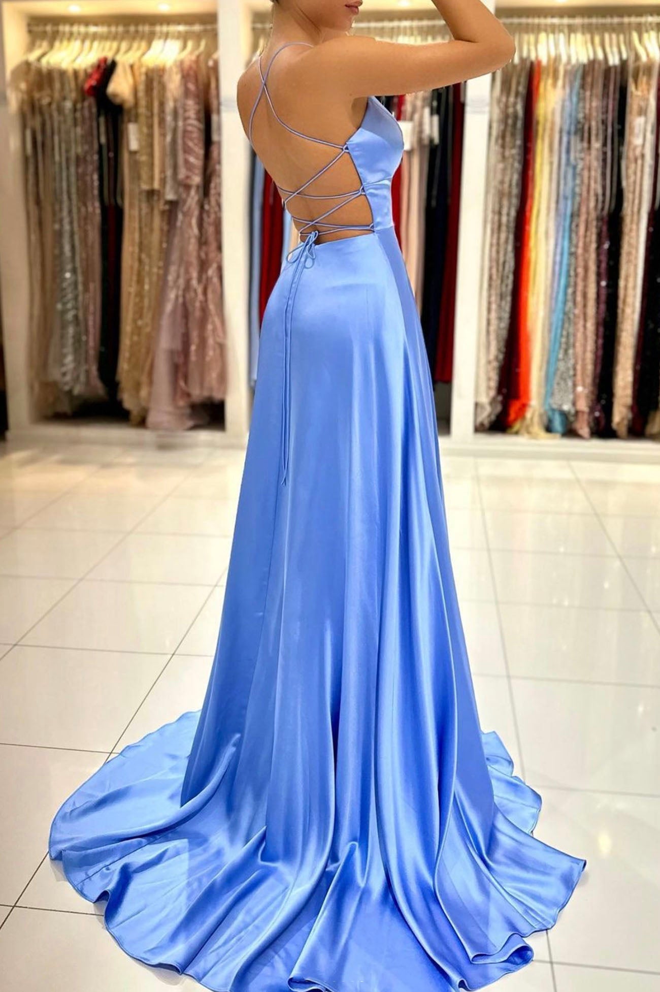 solvbao Simple V-Neck Satin Long Prom Dress, A-Line Evening Dress with Slit