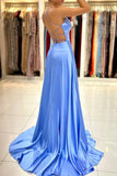 solvbao Simple V-Neck Satin Long Prom Dress, A-Line Evening Dress with Slit