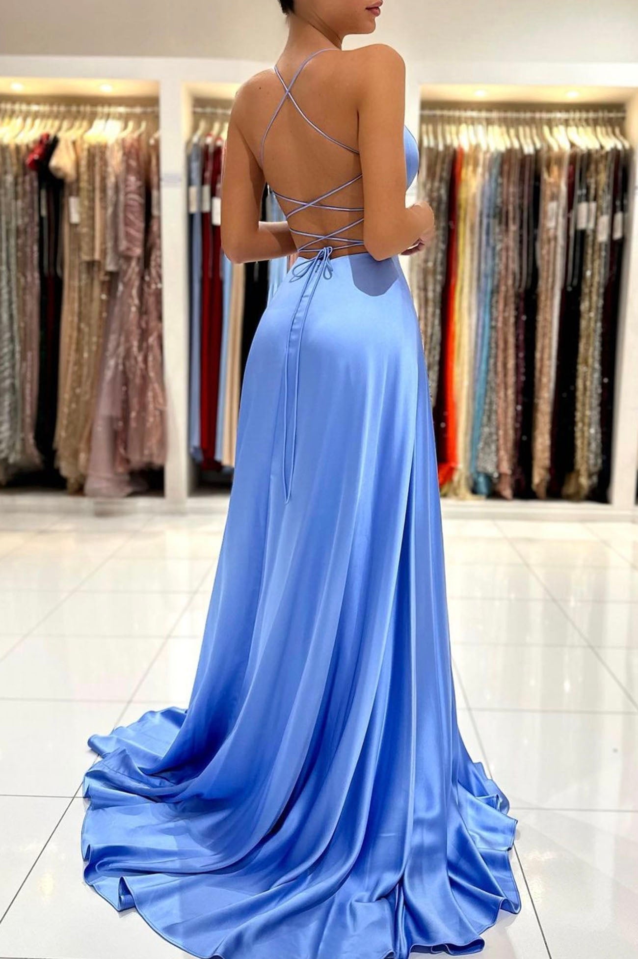 solvbao Simple V-Neck Satin Long Prom Dress, A-Line Evening Dress with Slit