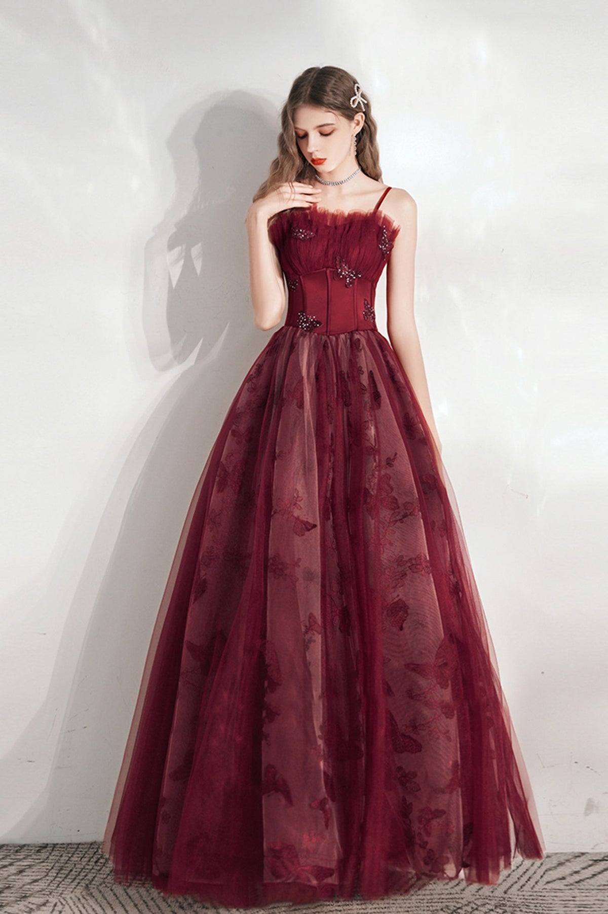 solvbao Burgundy A-Line Tulle Long Prom Dress, Burgundy Evening Party Dress