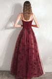 solvbao Burgundy A-Line Tulle Long Prom Dress, Burgundy Evening Party Dress