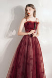 solvbao Burgundy A-Line Tulle Long Prom Dress, Burgundy Evening Party Dress