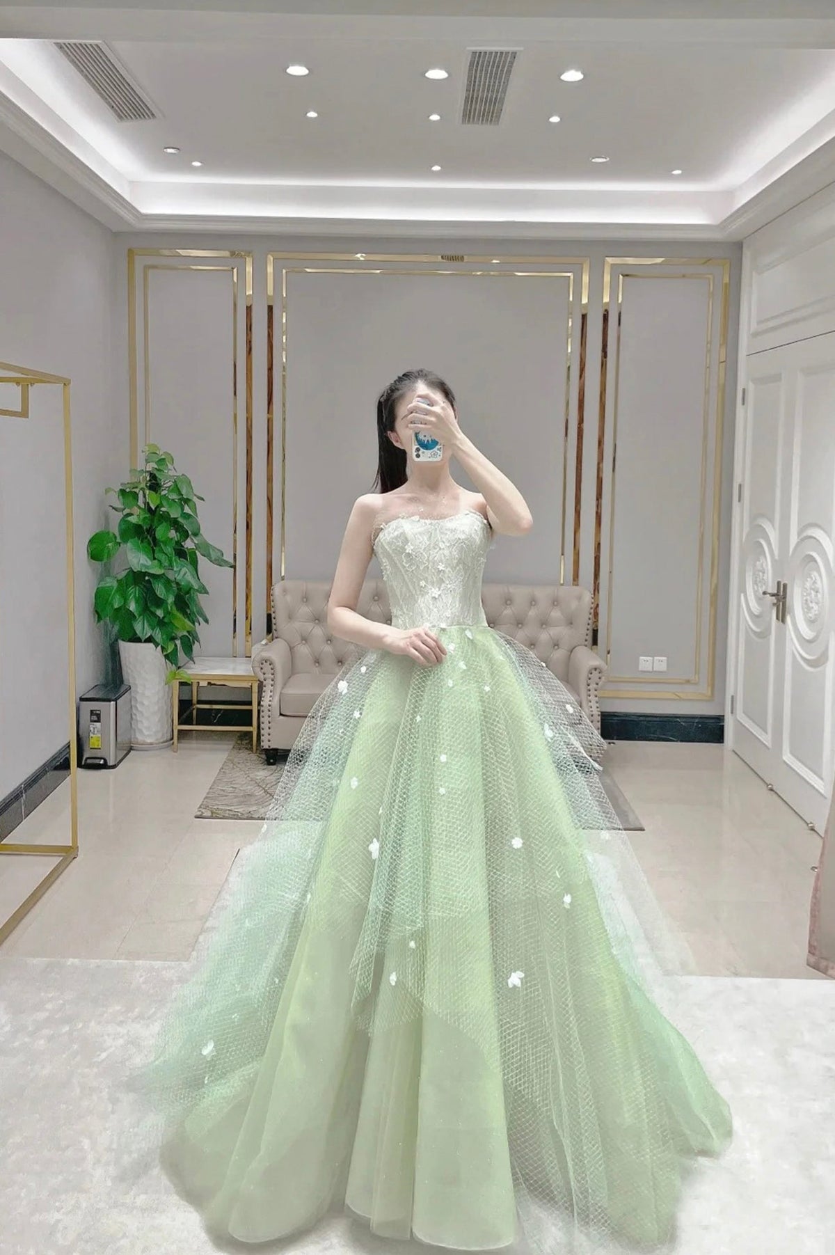 solvbao Green Tulle Long A-Line Prom Dress, Green Strapless Evening Party Dress