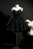 solvbao Black Tulle Short Prom Dress, Lovely A-Line Spaghetti Strap Party Dress