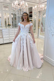 solvbao A-Line Tulle Lace Long Prom Dresses, Off the Shoulder Evening Dresses