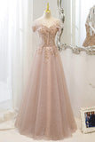 solvbao Pink Tulle Sequins Long Prom Dresses, A-Line Off the Shoulder Evening Dresses