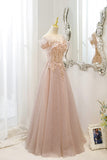 solvbao Pink Tulle Sequins Long Prom Dresses, A-Line Off the Shoulder Evening Dresses