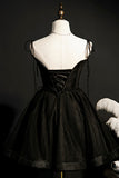 solvbao Black Tulle Short Prom Dress, Lovely A-Line Spaghetti Strap Party Dress