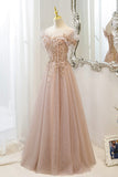 solvbao Pink Tulle Sequins Long Prom Dresses, A-Line Off the Shoulder Evening Dresses