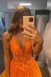 solvbao Orange V-Neck Lace Long Prom Dresses, A-Line Evening Dresses