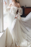 solvbao White Tulle Off the Shoulder Prom Dress, A-Line Long Sleeve Evening Dress