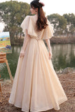 solvbao Cute Tulle Long A-Line Prom Dresses, Champagne Lace-Up Party Dresses