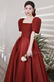 solvbao Burgundy Satin Long Prom Dresses, A-Line Short Sleeve Evening Dresses