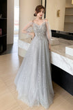 solvbao Gray Tulle Sequins Long Prom Dresses, A-Line Evening Dresses