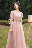 solvbao Pink Lace Long Prom Dresses, Lovely A-Line Evening Dresses