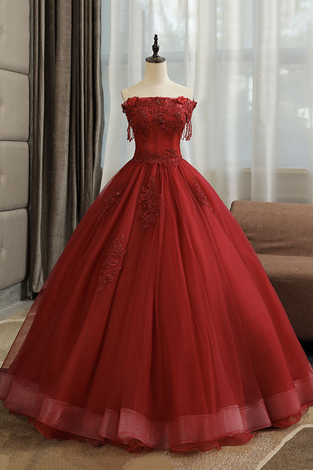 solvbao Burgundy Lace Long Formal Evening Dress, A-Line Lace Ball Gown