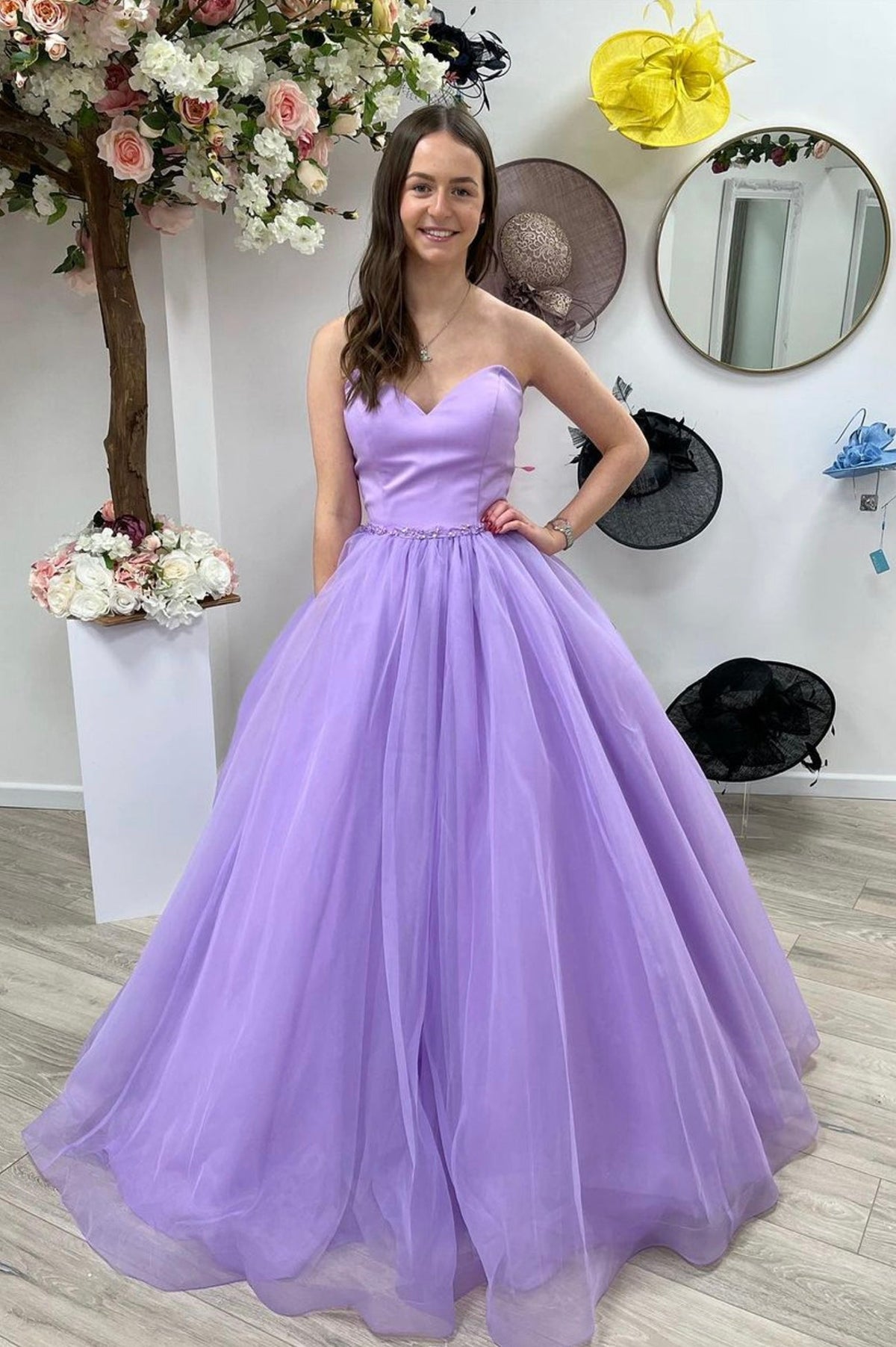 solvbao Purple Tulle Long Prom Dresses, A-Line Strapless Evening Dresses