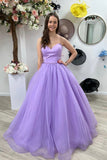 solvbao Purple Tulle Long Prom Dresses, A-Line Strapless Evening Dresses