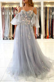 solvbao Gray Spaghetti Strap Long Prom Dresses, A-Line Evening Dress