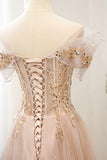 solvbao Pink Tulle Sequins Long Prom Dresses, A-Line Off the Shoulder Evening Dresses