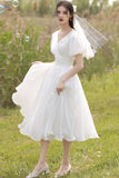 solvbao White V-Neck Tulle Short Prom Dress, A-Line Short Sleeve Party Dress